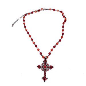VCLM Beaded Cross Pendant Necklace Lobster Closure Rhinestone Adjustable 22"